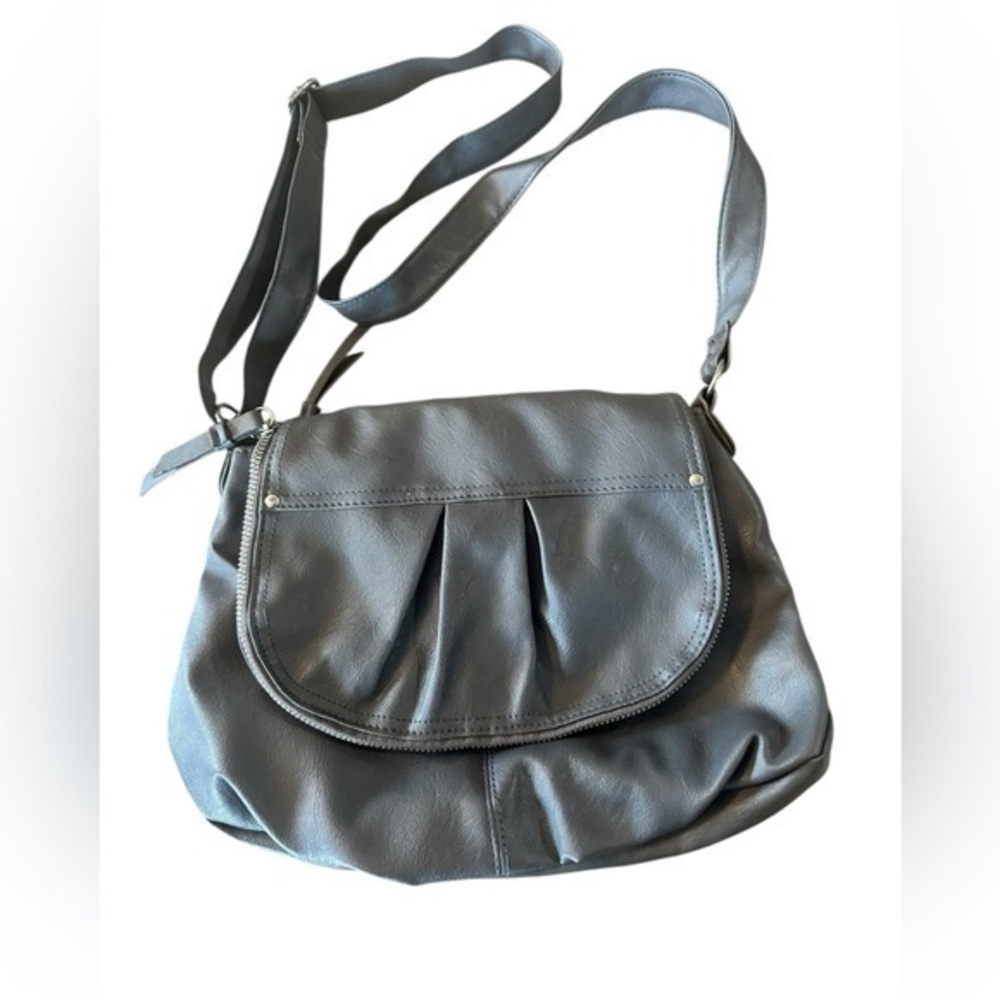 Faux Leather Crossbody Hobo Handbag - Gray - Adjustable Strap Zip and Snap